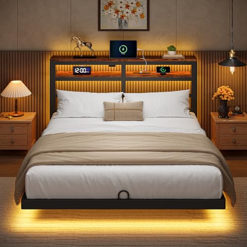 kozfrn Floating Bed Frame Full Size with Storage Headboard,Modern Metal Platform with Smart LED Lights and Charging Station,Metal Slat Support,No Box Spring,Easy Assembly,Noise-Free,Black kozfrn