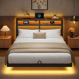 kozfrn Floating Bed Frame Full Size with Storage Headboard,Modern Metal Platform with Smart LED Lights and Charging Station,Metal Slat Support,No Box Spring,Easy Assembly,Noise-Free,Black kozfrn