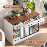 47.2" Dog Crate Furniture with Storage Drawers & Hidden Bowl, Wooden Indoor Kennel with Shelf & 2 Doors, Pet Cage for Small/Medium Dogs LotaTools