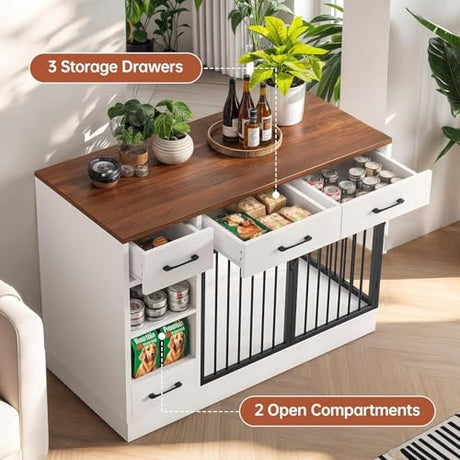 47.2" Dog Crate Furniture with Storage Drawers & Hidden Bowl, Wooden Indoor Kennel with Shelf & 2 Doors, Pet Cage for Small/Medium Dogs LotaTools