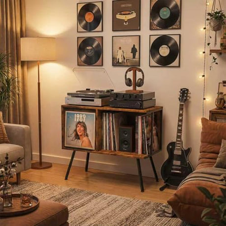Faesun Flip Top Record Player Stand, Large Record Player Table with Open Storage Holds up to 150+ Albums, Mid Century Turntable Stand, Stereo Cabinet for Speakers, for Living Room, Bedroom, Rustic Faesun