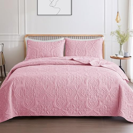 Whale Flotilla Soft Queen Quilt Bedding Set for All Seasons, Vintage Damask Ultrasonic Full Size Quilts Set, Lightweight Reversible Bedspread, Coverlet, Bed Cover with 2 Pillow Shams, Pink Whale Flotilla
