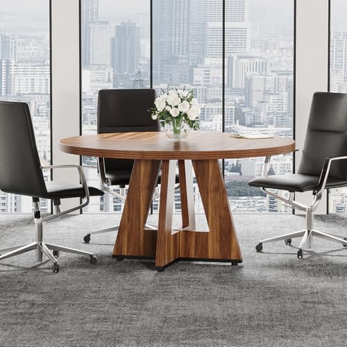 Tribesigns 47-Inch Round Conference Table for 4-6 People, Wooden Meeting Room Table with Thicken Tabletop and Wood Base, Modern Meeting Training Desk for Conference Room Seminar Room (Walnut) - WoodArtSupply