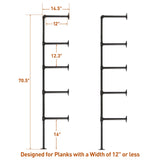 HITOMEN Industrial Iron Pipe Shelves, 2 Set 5-Tier 70.5" Tall 12" Depth, DIY Open Bookshelf Bookcase, Wall Mounted Vintage Retro Shelving, Rustic Farmhouse Pantry Kitchen Storage, Black Shelf Brackets HITOMEN