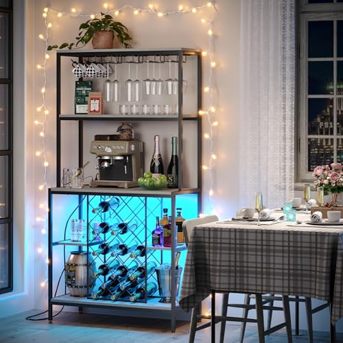 furomate Wine Cabinet with Power Outlets & LED Lights, 5-Tier Industrial Wine Bar Cabinet with Glass Holder, Home Bar Furniture, Wine Ranks for Liquor and Wine Storage, Grey - WoodArtSupply