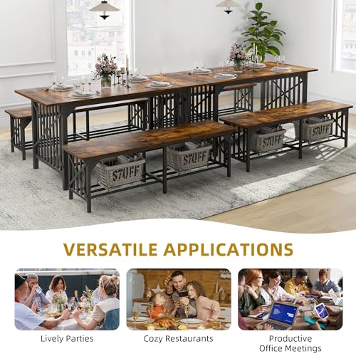 DWVO 3-Piece Dining Table Set for 4-6 People, 63" Dining Room Table with 2 Benches, Industrial Rectangular Dining Room Table Set with Storage for Kitchen, Dining Room, Rustic Brown - WoodArtSupply