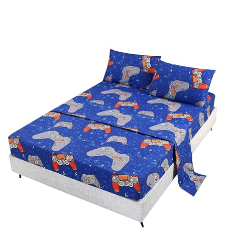 SDIII 4PCS Blue Gamer Sheets Set Queen, Soft Microfiber Gaming Bedding Sheet Queen Deep Pocket, Game Sheets for Boys Girls Kids Teens All Season SDIII