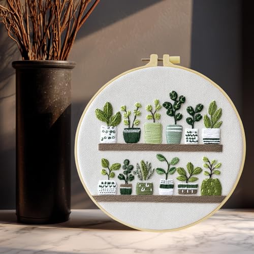 Full Range Embroidery Kit for Adult, Green Plant Pattern Embroidery Kit for Beginners Include Embroidery Cloth Hoops Threads for Craft Lover Hand Stitch with Embroidery Skill Techniques,Home Decor