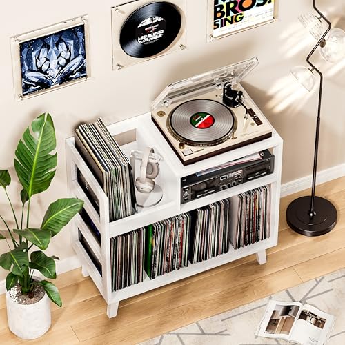 Uoders Record Player Stand with Vinyl Storage, Mid-Century Modern Turntable Stand Holds 150+ Albums, Record Player Table with Metal Dividers, Wood Media Console for Living Room (White, Single-Sided Small) UODERS