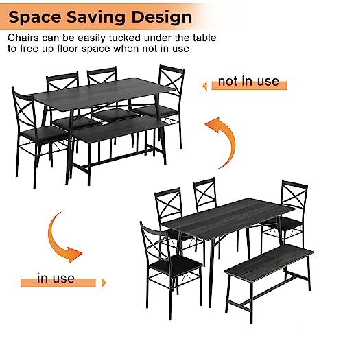 VINGLI 55in Modern Dining Table Set for 6, Rectangular Kitchen Dining Table, Bench, 6 Piece Wooden Dinner Table Set with Upholstered Chairs for Kitchen, Dining Room, Apartment - Dark Grey VINGLI