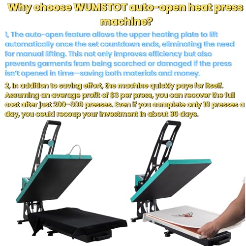 Heat Press Machine for T-Shirts: 2025 Upgraded 16x24 Auto Open Heat Press Slide-Out,Heated Surface with Teflon Non-Stick Coating,110V, 2000W, for DTF on Tshirts, Bags, Cushion(Not for Sublimation) WUMSTOT