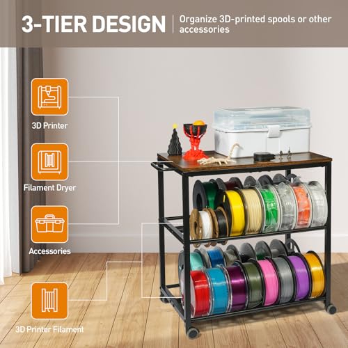 ikkle 3D Printer Filament Storage Rack, 360° Rolling Filament Spool Holder with Wheels, 3-Tier Metal Shelf for PLA/ABS/TPU/Nylon, 3D Printer Accessories Organizer for 3D Printing Studio, Workshop