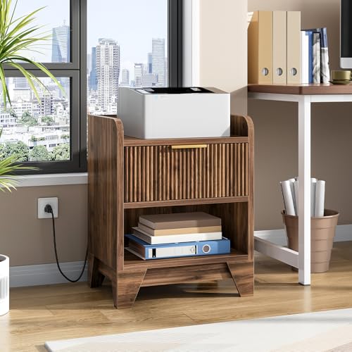 HOOBRO Fluted Nightstand with Charging Station, End Table with Hidden Drawer, Modern Bedside Table, Wooden Night Stand for Bedroom, Study, Dark Walnut WL351UBZ01 HOOBRO