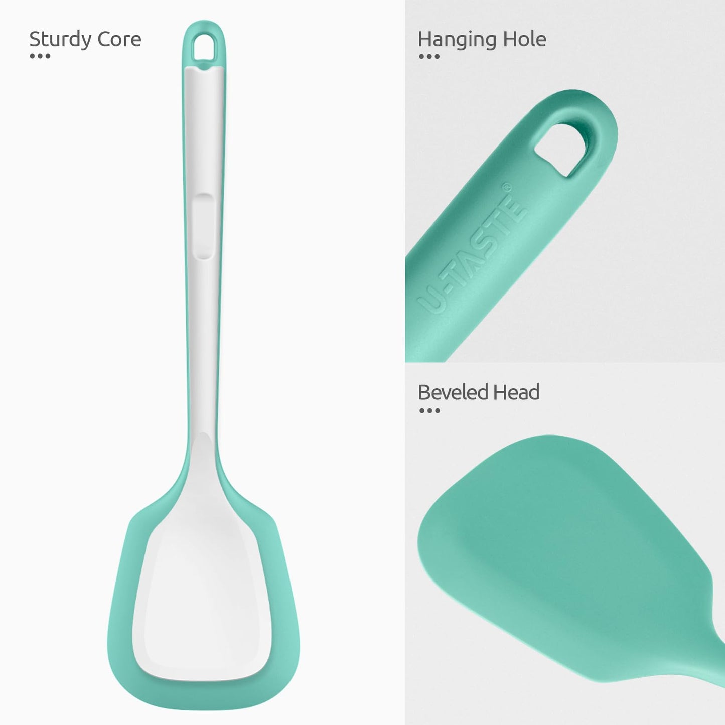 600ºF Heat Resistant Silicone Turners: U-Taste 13.6in Long Solid & Slotted Kitchen Spatula Flipper, Wide and Large Flexible Cooking Utensil for Flipping Egg, Pancake, Cookie (Aqua Sky, 2PCS)