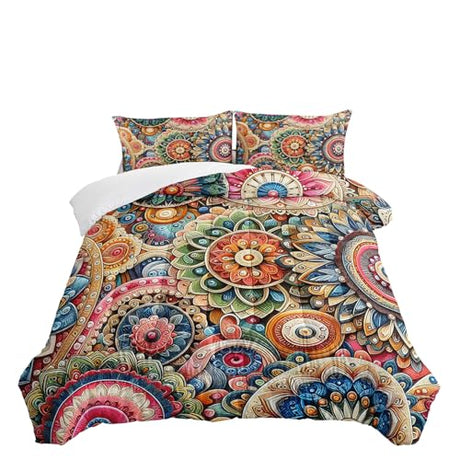 Nttopship 3 Piece Boho Floral Comforter Set Full Size Colorful Bohemian Contemporary Flower Microfiber Bedding Set Vibrant Bright Soft Machine Washable Lightweight 1 Comforter Set with 2 Pillowcases Nttopship