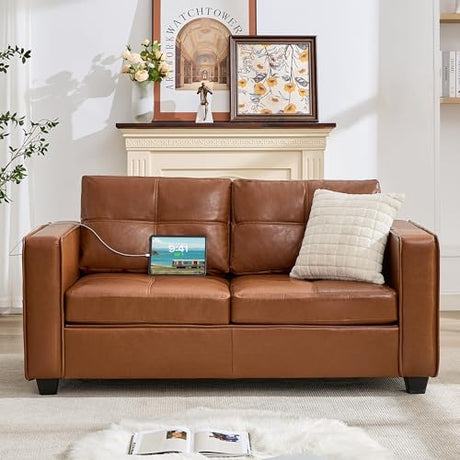 TYBOATLE 65" Faux Leather Sofa Couches for Living Room, Mid-Century Modern Tufted Comfy Loveseat w/USB Charging Ports and Wide Arms, 2 Seater Office Small Couch for Small Space Bedroom, Brown TYBOATLE