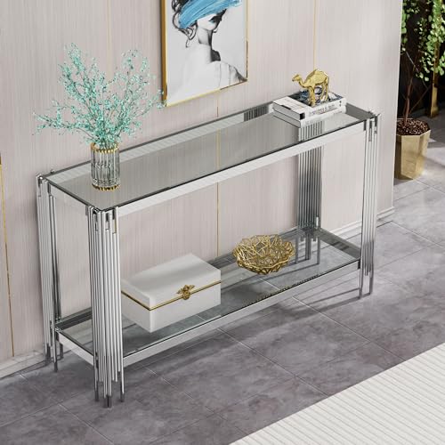 Goujxcy Modern Glass Console Table 55" Silver Entryway Table with Tempered Glass Top and Mirror Stainless Steel Legs,Luxury Rectangular Sofa Table for Living Room Hallway Corridor Table (Silver) Goujxcy