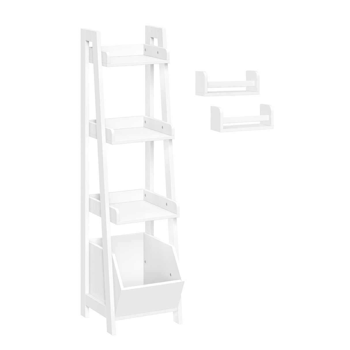 RiverRidge Amery 4-Tier 13 Inch Ladder Shelf Display Case Open Shelves & Storage Bin and 2 10” Floating Bookshelves - Organizer Furniture RiverRidge