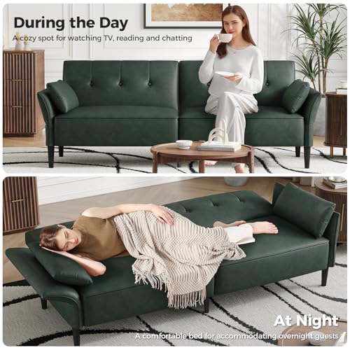 COPIAE 89” Futon Sofa Bed,Futon Couch Bed with 2 Square Pillows,Convertible Sleeper Sofa with Adjustable Backrest& Armrests, Modern Loveseat Sleeper for Living Room, Bedroom,Faux Leather Green COPIAE