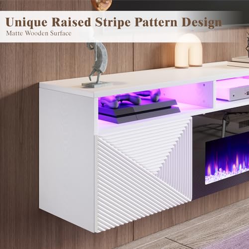 LUXOAK 80 inch Floating TV Stand with 40" Electric Fireplace, Wall Mounted Electric Fireplace Entertainment Center with Storage Space, TV Stand for Living Room for TVs Up to 90", White&Black LUXOAK