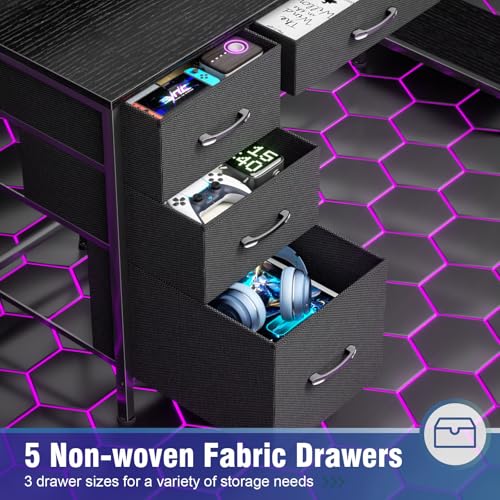 Korfile Computer Gaming Desk with Hutch, Home Office Desk with Power Outlets, LED Light, 5 Storage Drawers, 2 Tiers Shelves for Display, 39 Inch Modern Study Writing Table for Bedroom, Black Korfile