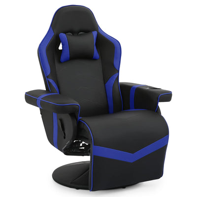 MoNiBloom Reclining Gaming Chair Ergonomic Game Recliner Chair Adjusted PU Leather Reclining Video Gaming Single Sofa with Retractable Footrest, Swivel Theater Seating Gaming Couch w/Cup Holder, Blue