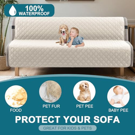 Turquoize 100% Waterproof Futon Cover Futon Slipcover Washable Armless Sofa Bed Slipcover Protector Seat Width Up to 70" with Adjustable Elastic Strap Anti-Slip for Dogs, Ivory Turquoize