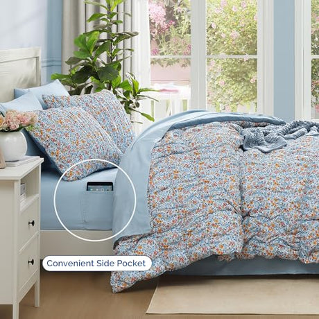 BLOOMHAVEN Queen Comforter Set - 7 Pieces Blue Classic Puff Floral Bedding Sets for All Seasons, Shabby Chic Farmhouse Bed in a Bag Queen with Wildflowers Fluffy Comforter, Sheets, Pillowcases & Shams BLOOMHAVEN