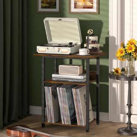 LELELINKY Narrow Brown Record Player Stand, 23.62 inch Wide Record Storage Table with Storage Up to 100 Albums, 3 Tier Vintage Brown Turnatble, Rustic End Table for Living Room, Bedroom LELELINKY