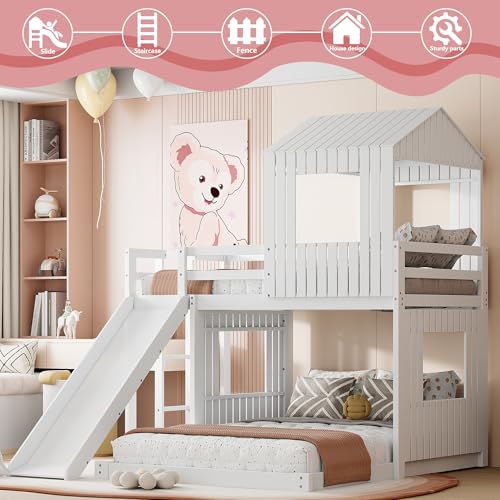 Harper & Bright Designs House Floor Bunk Beds with Slide, Wooden Twin Over Full Bunk Beds with Slide, Roof and Guard Rail for Kids, Teens, No Box Spring Needed (White, Twin Over Full Size) Harper & Bright Designs