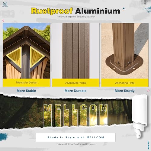 MELLCOM 10'x12' Hardtop Gazebo, Galvanized Steel Metal Double Roof Aluminum Gazebo with Curtain and Netting, Brown Permanent Pavilion Gazebo for Patio, Lawn & Garden MELLCOM