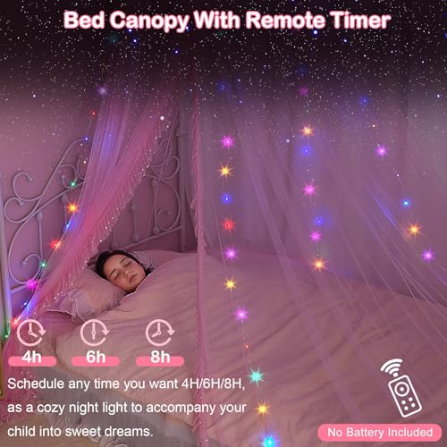 Unicorn Castle Bed Canopy for Girls with Remote Timer Breathable Canopy Bed Curtains with 8 Modes LED Lights Net Canopy for Bed for Girls Room Decor,Pink