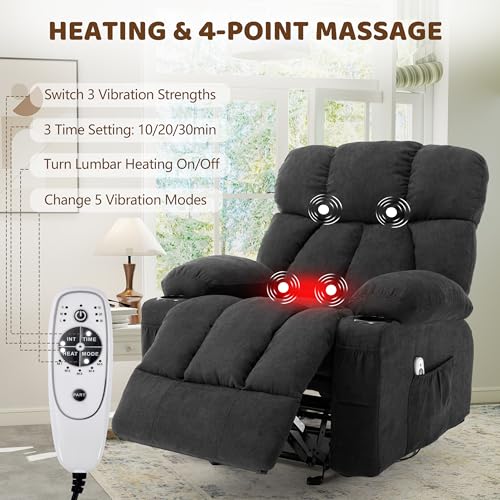 Massage Rocking Recliner Chair, Ergonomic Recliners Sofa with Vibration Massage & Heat, Rocking Chair Nursery Chair for Living Room Lounge with 4 Pockets, 2 Cup Holders, Black
