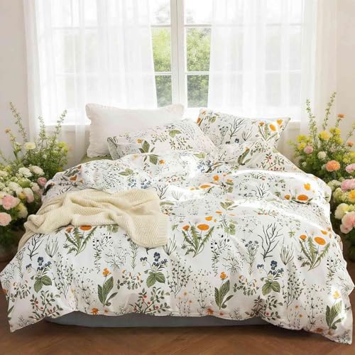 ETDIFFE Green Floral Queen Size Comforter Set, 3pc Flower Printed Soft Bedding Set, All Season Lightweight Botanical Pattern Bed Comforter, White ETDIFFE