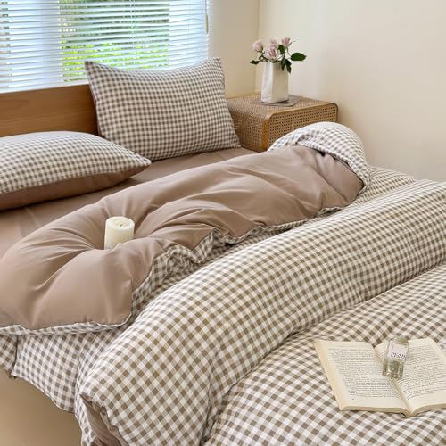 NSNLGSGC Twin Grid Gingham Duvet Cover Set Tan - Washed Soft Comforter Cover Set Brown Lightweight Bedding Set (2PCS, Twin) NSNLGSGC