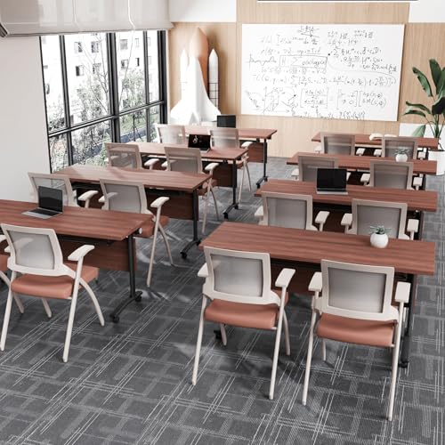 6PCS Modular Conference Table, Folding Conference Room Tables for Office, Mobile Large Foldable Seminar Training Meeting Tables with Wheels for Classroom, Office Computer Desk Walnut (L55.1in) IEDZBEQ