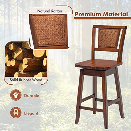 COSTWAY 24.5 Inch Rattan Back Bar Stools Set of 2 with 360° Swivel and Comfortable Footrests COSTWAY