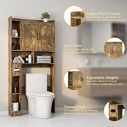 Over The Toilet Storage Cabinet, Farmhouse Storage Cabinet Over Toilet with 2 Barn Door & Toilet Paper Holder Stand，Home Space-Saving Toilet Rack, for Bathroom, Restroom, Laundry