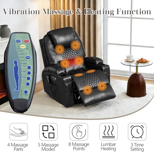AHMED Dual Motor Power Swivel Rocker Recliner Chair with Massage & Heat, Electric Glider Rocking Chairs with Cup Holders,LED Lights, USB A/USB C Ports for Living Room, Nursery, Black