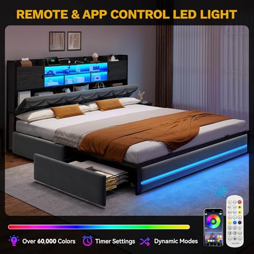 YITAHOME King Size Bed Frame with RGB LED Lights & Storage Bookcase Headboard, Upholstered Bed with Charging Station and 4 Drawers, No Box Spring Needed, Easy Assembly, Noise-Free, Velvet Grey YITAHOME