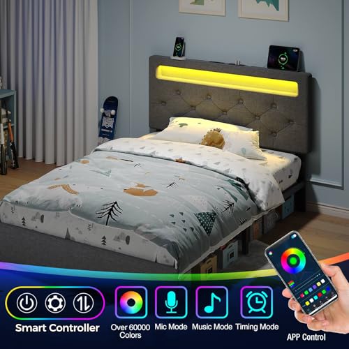 Rolanstar Twin Bed Frame with Charging Station, LED Bed with Under Bed Storage, Adjustable Headboard 38.9/40.8 Inches, No Box Spring Needed, Noise Free, Easy Assembly, Grey Rolanstar