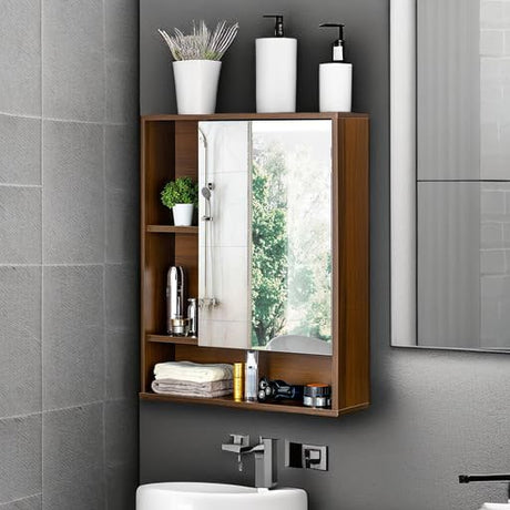 ChooChoo Bathroom Wall Mirror Cabinet, Medicine Cabinet with Single Door and Adjustable Shelf, Over The Toilet Space Saver Storage Cabinet, Walnut ChooChoo