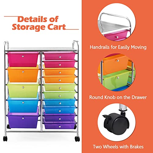 GOFLAME 15-Drawer Rolling Storage Cart, Multipurpose Movable Organizer Cart, Utility Cart for Home, Office, School, Rainbow GOFLAME