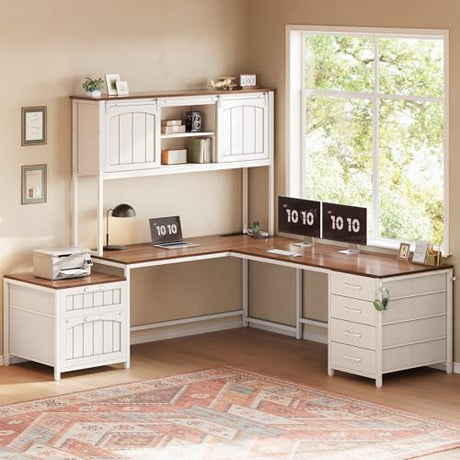 SEDETA Farmhouse L Shaped Office Desk with 6 Drawer, Reversible Computer Desk with Power Outlet, Hutch for Home Office/Two Person, Corner Desk with File Drawer & Printer Storage Shelves, White SEDETA