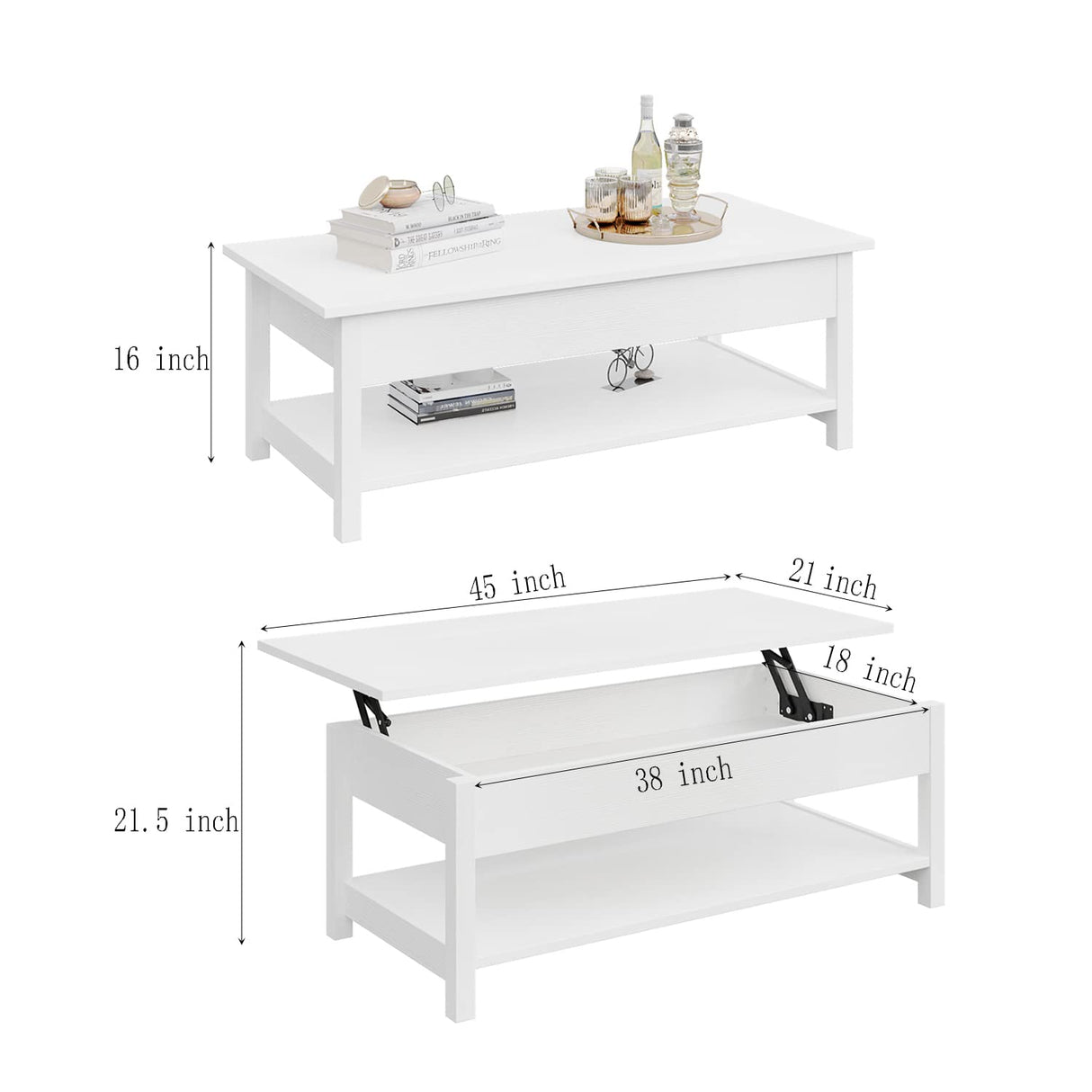 Panana Lift Top Coffee Table with Hidden Compartment and Open Shelf, Lift Tabletop Pop-Up Coffee Table for Living Room, 45.28" L, White Panana