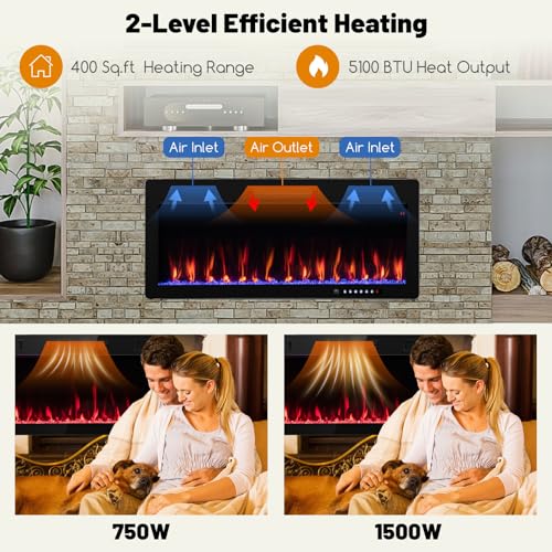 Tangkula 5100 BTU Electric Fireplace Inserts 40 Inches, 1500W Wall Mount Fire Places with Remote, Multicolor Flames, 5 Brightness & Speed Adjustable, Touch Screen Tangkula
