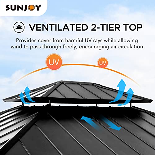 Sunjoy 11 x 13 ft. Wood Gazebo Cedar Framed Gaezbos with Black Double Steel Hardtop Roof for Garden, Backyard Shade, Matte Black Roof + Natural Wood Frame Sunjoy