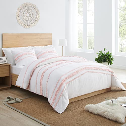 Bohemian Boho Chic White and Pink Macrame Tufted Tassel 3 pc. Full / Queen Size Bed Bedding Set Duvet Comforter Cover Sham Blush Pink Textured Minimalist Cotton Fringe Farmhouse Indie Neutral Rustic KB & Me