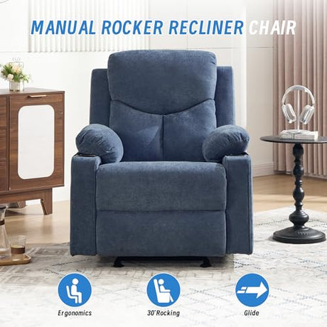 Sftaiyou Manual Rocker Recliner Chair for Adults with Massage, Overstuffed Glider Rocking Chair with Cup Holders and Pockets for Living Room, Reclining Sofa Chair for Bedroom Nursery,Navy Blue Sftaiyou