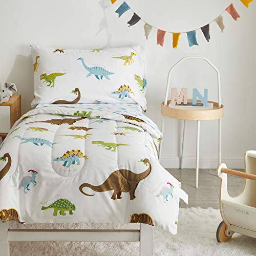 4 Pieces Toddler Bedding Set Dinosaur with Colorful Dinos and Monsters Toddler Comforter Sheet Set for Autumu and Winter Includes Comforter, Flat Sheet, Fitted Sheet and Pillowcase White UOZZI BEDDING
